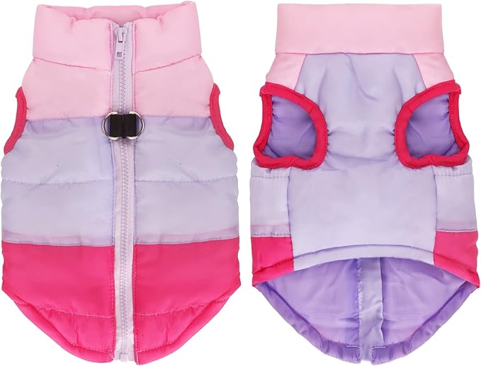 Idepet Pet Dog Cat Coat with Leash Anchor Color Patchwork Padded Puppy Vest Jacket Teddy Chihuahua Costumes Pug Cloth XS S M L (Small, Rose Red)