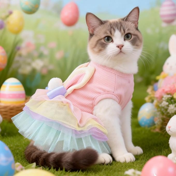 Pink Bunny Ears Dog Dress Spring Girl Puppy Clothes for Small Dog Easter Cat Dress for Cat Funny Tutu Dress Holiday Pet Outfit(Colorful, Small)