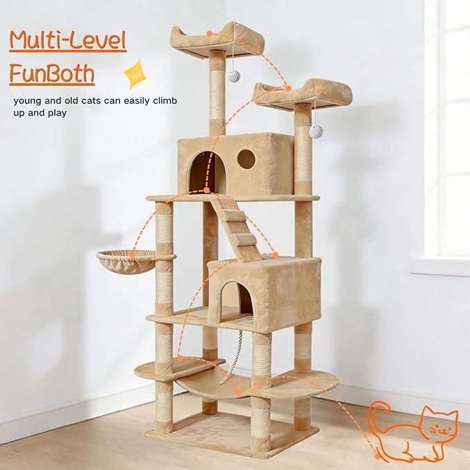 Pawly 70" Extra Tall Cat Tree with Dual Hammocks & Enlarged Condos, Premium CARB P2-Compliant Particle Board, 350G Plush Natural Sisal Cat Tower for Big Cats & Multi-Cat Families, Beige