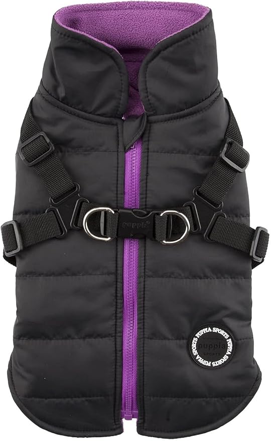 Puppia Mountaineer Winter Dog Coat with integrated harness No Pull Cold Weather Waterproof Warm Fleece Back Zipper for Small & Medium Dog, BLACK, Large