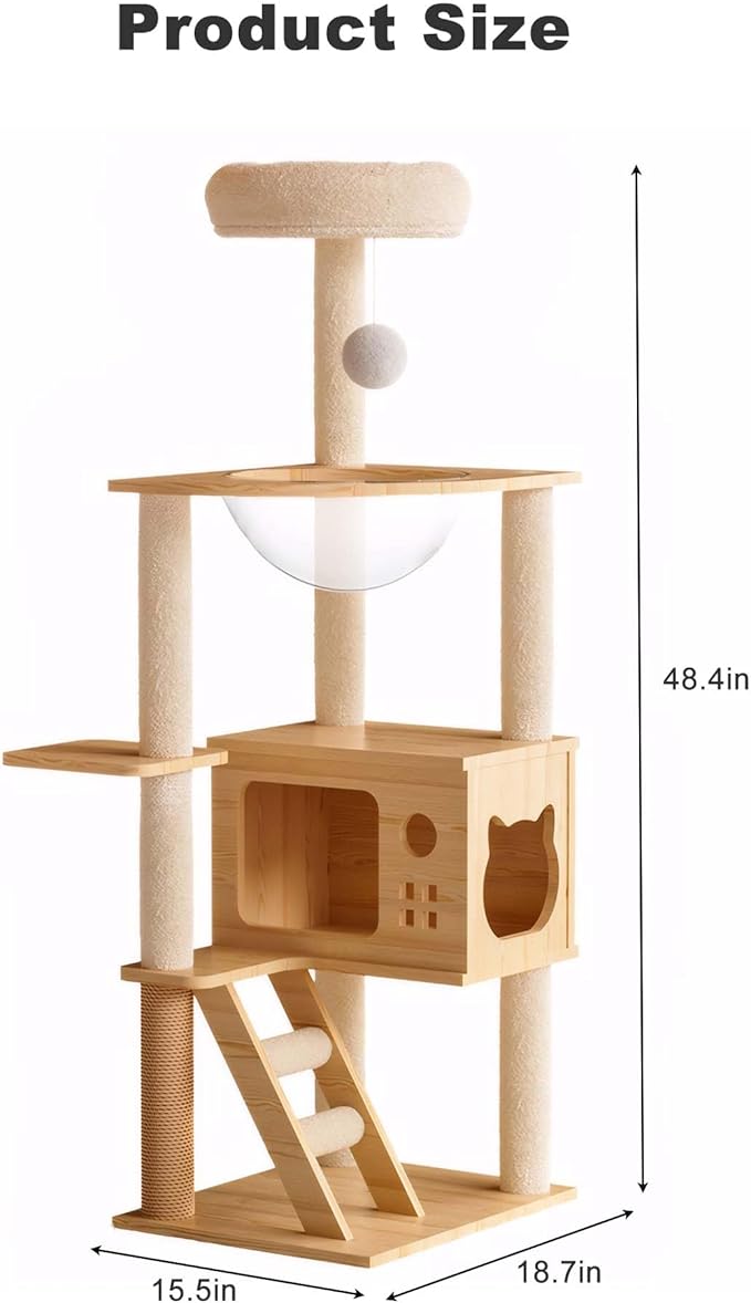 48.8” Wood Cat Tower with Sisal Scratching Post, Modern Cat Tree with Acrylic Bowl, Cat Condo, Climbing Ladder & Hanging Ball Toy, Multi-Level Cat Activity Center (48.8 inch)
