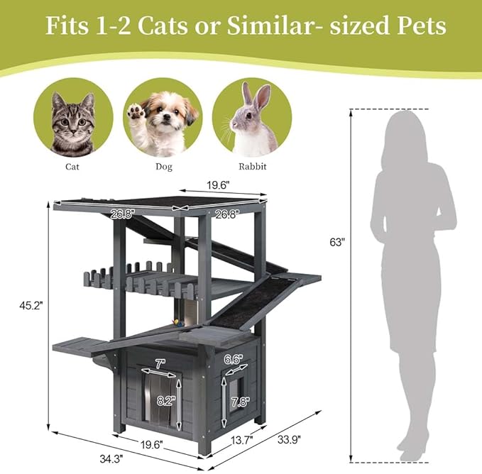 4-Tier Outdoor Cat Tree with Shelter, Wooden Cat Tower with Scratching Post, Cat Outdoor Enclosure, Weatherproof Roof, Easy Assembly, Pine (Grey)
