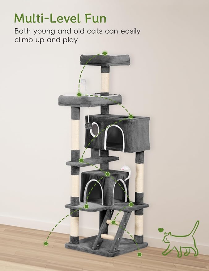 Cat Tree Tower 53 inch - Multi-Level Indoor Activity Center with Sisal Scratching Posts, Condo, Plush Perch & Hanging Toys for Large Cats (Black)