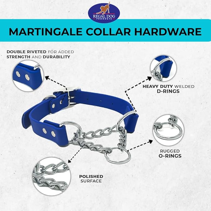 Regal Dog Products Martingale Collar for Dogs - Waterproof Biothane Collar for Small, Medium, Large Dogs - Limited Cinch Heavy Duty Chain for No Pull Dog Walking and Pet Training (Small, Blue)