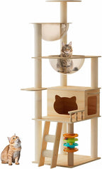 59" Modern Cat Tower, Wood Cat Tree Tower for Indoor Cats, Cat Treewith Sisal-Covered Scratching Posts and Top Perch, Cat Condo with Acrylic Hammock for Small Large Cats