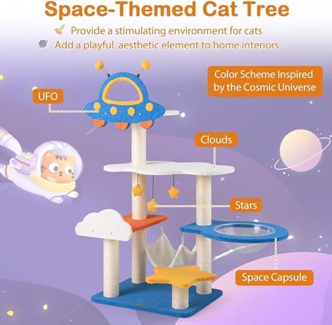 49" Space-Themed Cat Tree Tower – UFO Perch, Transparent Capsule, Hammock & Sisal Scratching Posts – 7-Level Modern Cat Condo for Indoor Cats