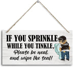 Funny Toilet Wood Decor Sign, If You Sprinkle While You Tinkle Please Be Neat Wipe the Seat! Hanging Printed Wooden Plaque Décor, Bathroom Wall Décor, Wood Wall Sign for Public Restroom 12x6 inch