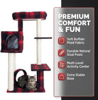 Multi-Level Cat Tree with Condo and Scratching Posts, Red Buffalo Plaid, 50 Inch Height, Sisal Rope Posts, Activity Center with Tunnel and Perches