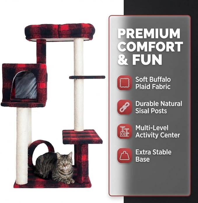 Multi-Level Cat Tree with Condo and Scratching Posts, Red Buffalo Plaid, 50 Inch Height, Sisal Rope Posts, Activity Center with Tunnel and Perches