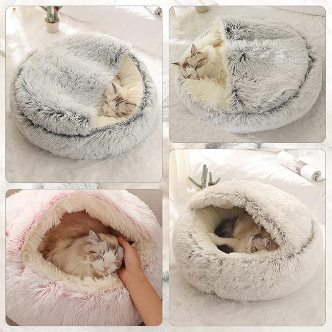 Cat Bed Round Fluffy Hooded Cat Bed Cave, Anti-Anxiety Cave Bed with Hooded Blanket, Cozy Cuddler Luxury Puppy Pet Bed, Anti-Slip Bottom and Machine Washable (Green, Large)