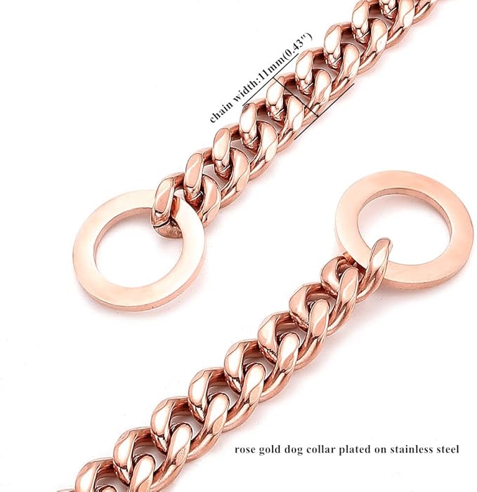 Rose Gold Dog Chain Collar 11mm/15mm/19mm Stainless Steel Cuban Link Chain Collar for Small Medium Large Dogs(11mm,18inch)