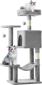 Sweetcrispy 44 Inch Cat Tree Tower, Cat Climbing Tower with Natural Sisal Scratching Posts, Hammock, Pet Condo for Indoor Cats and Kittens Play, Light Grey