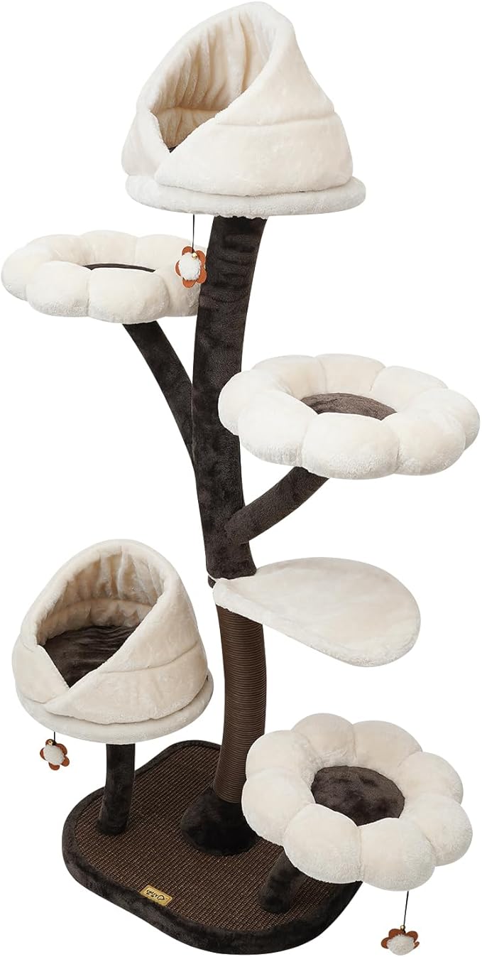 Cat Tree, 63.8In Large Cat Tower Heavy Duty Cat Climbing Frame with Cat Condo Baskets Cat Scratching Posts Dangling Toys & Big Hammock for Pet Shops & Balconies (Brown + White)