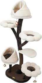 Modern Flower Cat Tree, 63.8 Inch Multi-Level Indoor Cat Tower, with Springboard, Nest, Scratching Board/Columns/Post, for Indoor Cats Large Adult (White)