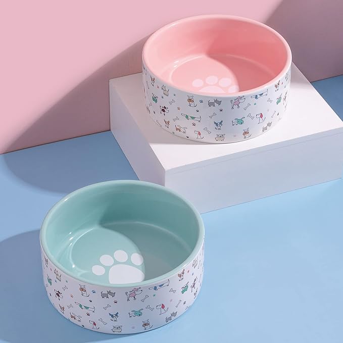FE FUN ELEMENTS Ceramic Dog Bowls for Small Dogs, 16 Fl Oz Heavy Food and Water Bowl With Adorable Patterns (Small, Blue)
