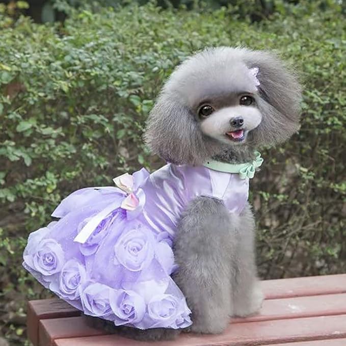 Dog Dress Luxury Puppy Skirt Clothes Princess Dresses Wedding Evening Tutu Skirt Rose Flower Bowknot Dresses for Small Dog Girl S Purple