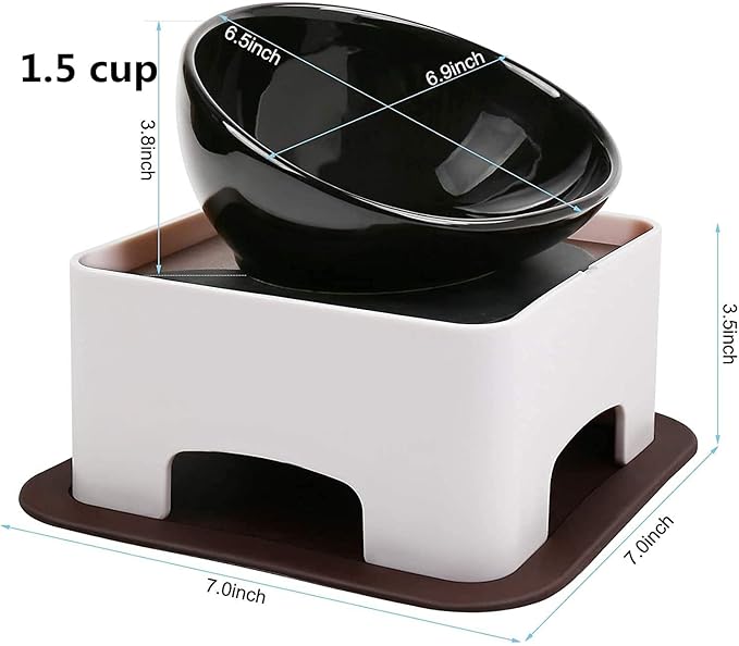 Bulldog Bowl Ceramic Dog Food Bowl - Cat Dish Wide Mouth Dog Bowl Pet Sterile Tilted Pet Feeder with Anti-Skid Rubber Mat (White M/1.5 Cup)