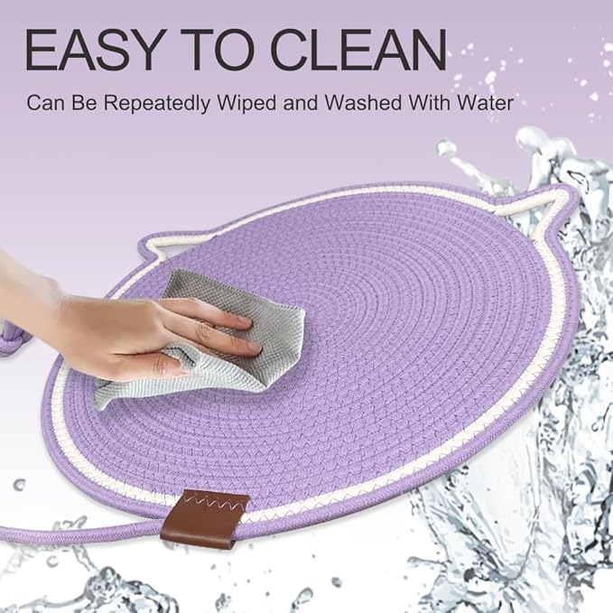 Personalized Cat Scratcher Mat, Customized with Name Text Natural Cotton Rope Round Horizontal Cat Scratching Pads with Ball Toy, Cat Furniture Protector for Wall, Couch, Carpets, Sofa (Purple)