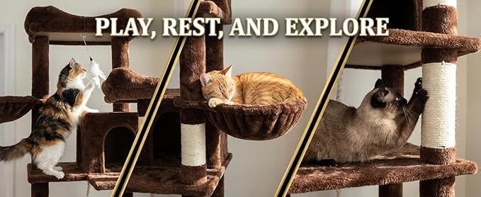 68in Tall Multi-Level Brown Cat Tree with Hammocks Hanging Basket Cat Cave Removable Cushion Scratching Posts Plush Cat Tower for Indoor Cats Perfect for Multiple Cats