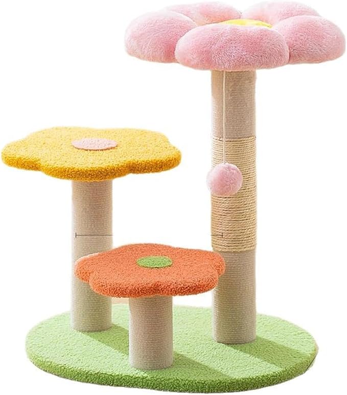 Flower Cat Tree 22.4 inches for Indoor Cats, 3-Story Cat Tower with Scratching Post, Multi-Functional Plush Cat Condo with Interactive Ball Toy, Protects Furniture with Durable Sisal Pole(Pink)