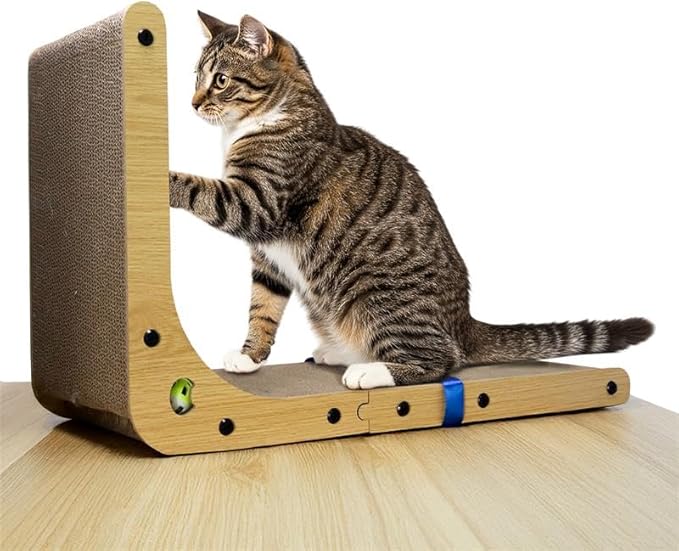 27" L Shaped Cat Scratchers for Indoor Cats, Corrugated Cardboard Cat Scratcher Pad, Vertical Scratching Board Indoor Use Protecting Furniture Scratch Pad, Cardboard Scratching with Ball Toy