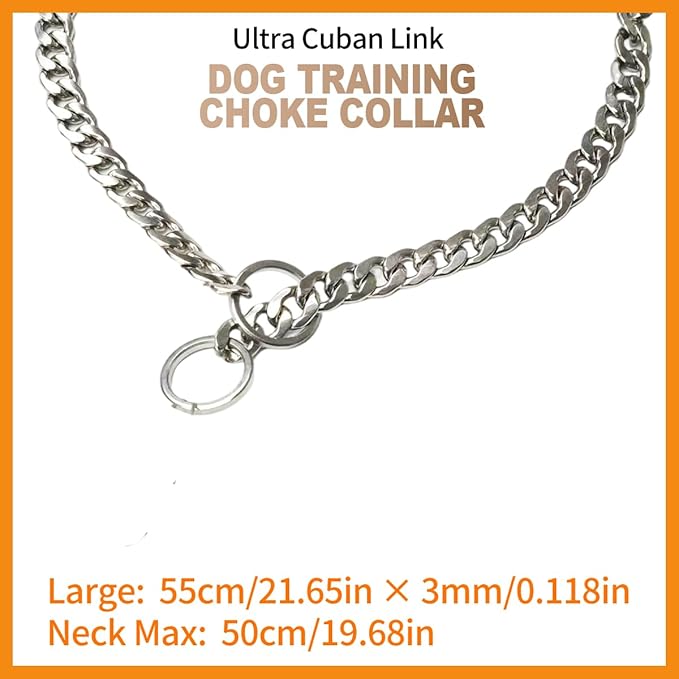 Luxury Flat Chain Design Professional Training Chain Collar, Stainless Steel Dog Training Collar, Professional Flat Chain Design, Mirror Polished (Large：22in x 4mm(Neck max 20in))