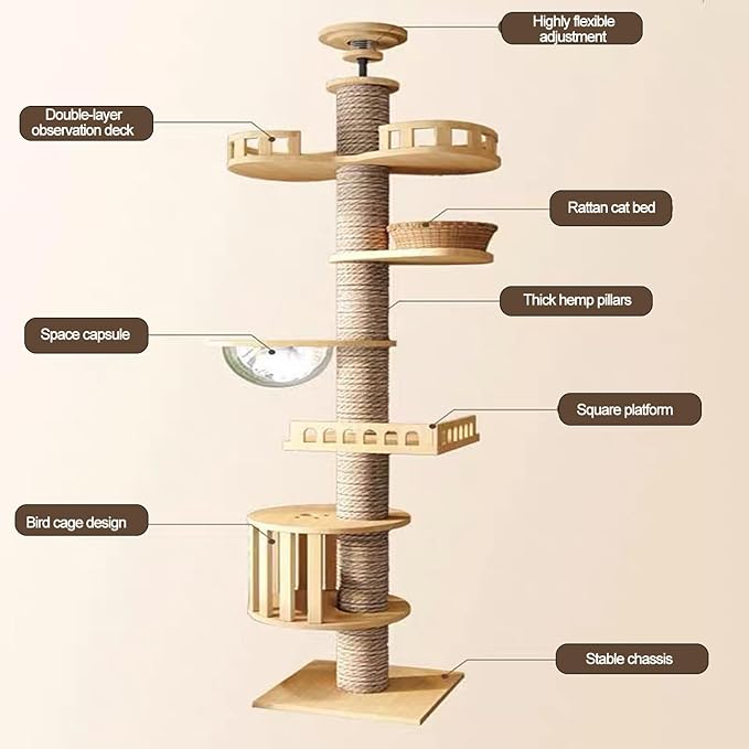 Mekidulu Floor to Ceiling cat Tree - Cat Tree Floor to Ceiling，Adjustable Height,Tall cat Tree with Width 4.33 in Scratching Post,Cat Hammock,Fully Wrapped with sisal Rope(240～250cm, 265-275cm T03)