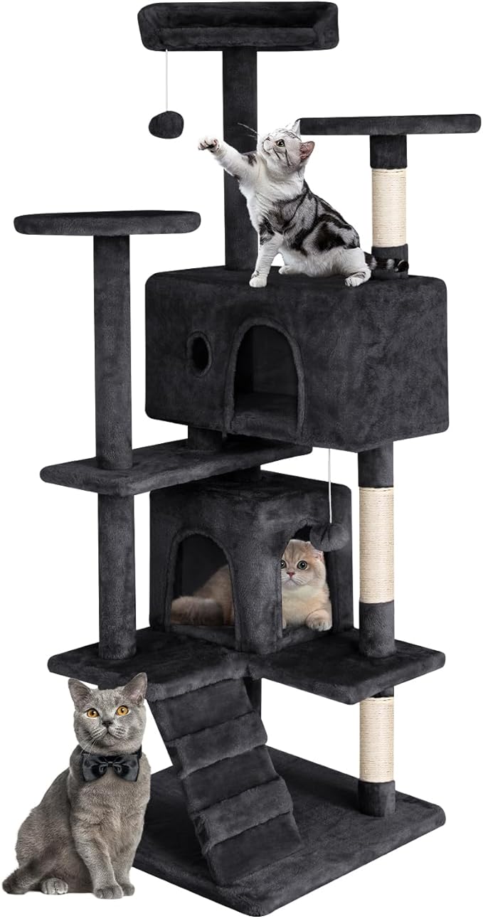 Cat Tree 53 inches Cat Tower for Indoor Cats Cat House with Replaceable and Removable Dangling Ball Cat Trees and Towers with Funny Toys, Dark Gray