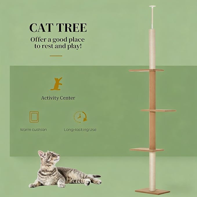 Floor-to-Ceiling Cat Tree, 17x10.8x102.3 Inches, All Breed Sizes, Climbing and Jumping, Particle Board, Floor Mount, Light Brown