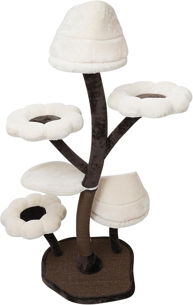 6-Tier Flower Cat Tree 22Lbs with Resting Platforms & Scratching Posts, Cats Activity Center Playground, Stable Flower Design for Adult/Small Cats (Brown+White)