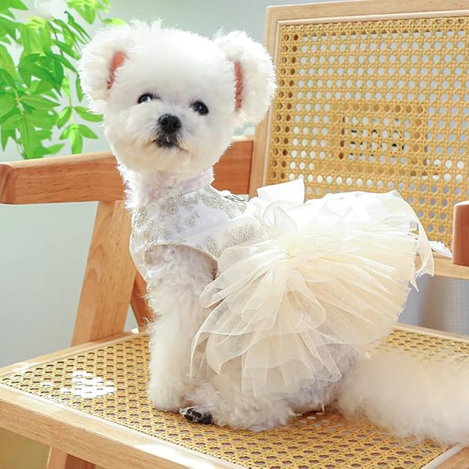 ANIAC Embroidered Dog Dress for Small Dog,Girl Puppy Princess Tutu Dress with Leash Ring,Cat Apparel,Chihuahua Yorkie Clothes for Birthday Wedding (X-Small, Champagne)