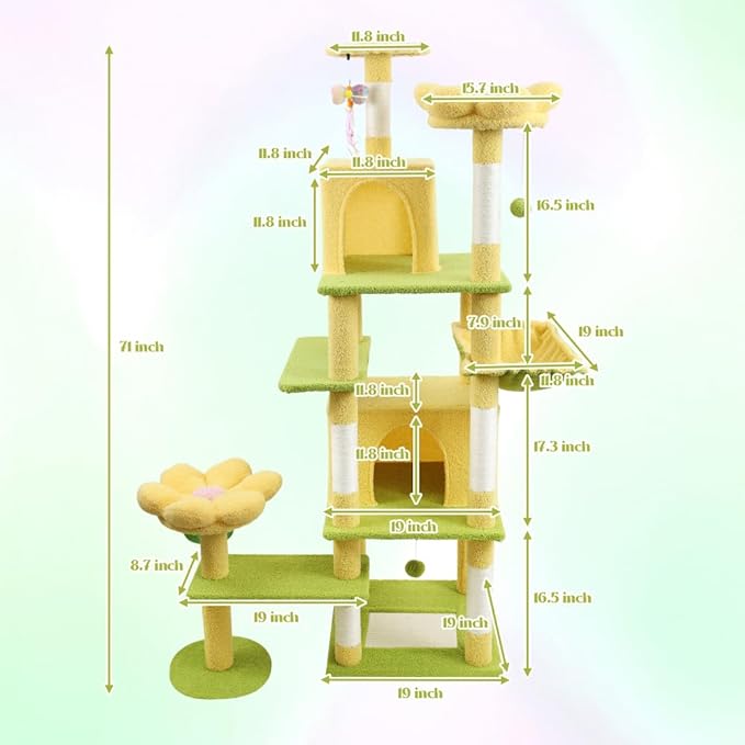 Flower Cat Tree 71 Inch with Large Cat House, Removable Cushion & Hammock, Multi-Level Wooden Cat Tower for Big Cats, Extra Wide Perches&Scratching Posts for Multiple Cats. (Yellow)