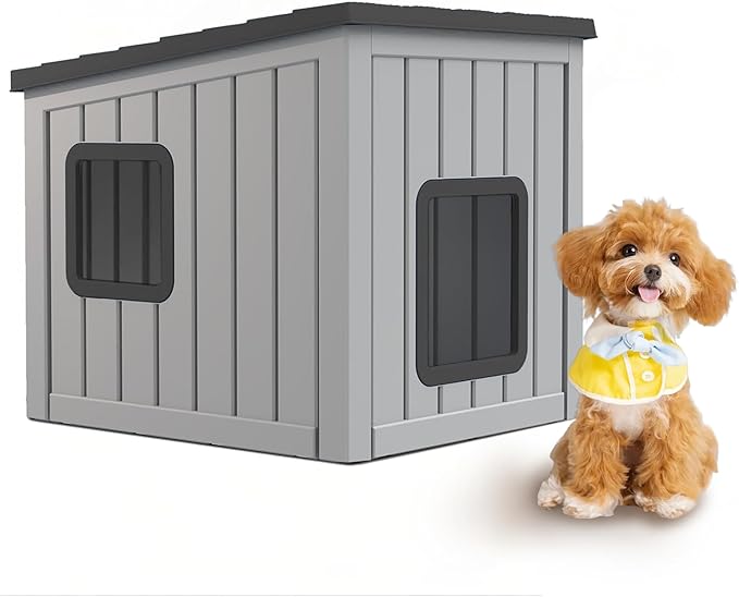 DRATO Outdoor Dog House Indoor and Outdoor with Sloped Roof Resin Material Weatherproof Roof Removable Floors for Small to Middle Sized Dogs Easy to Assemble (Gray, 24.65 * 21.5 * 22.21)