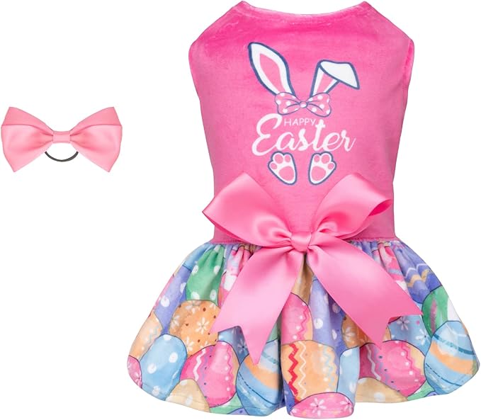 CuteBone Happy Easter Eggs Dog Dress Velvet for Small Dogs Girl Pink Puppy Dresses Dog Clothes CVA18XXS-D