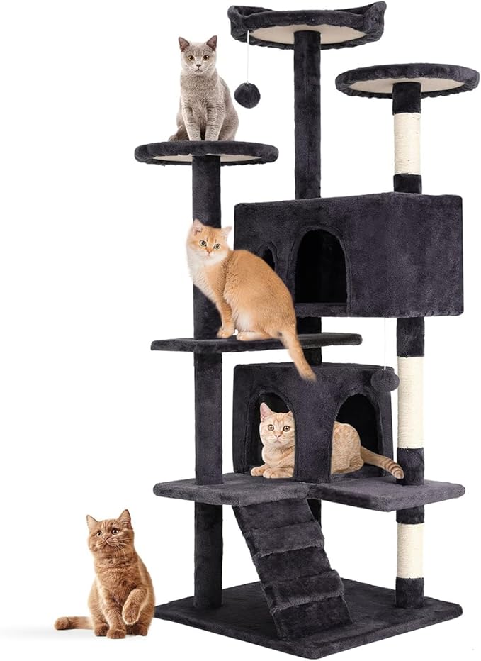 Cat Tree 69.3 inches Cat Tower for Indoor Cats Cat House with Replaceable and Removable Dangling Ball Cat Trees and Towers with Funny Toys, ASHY