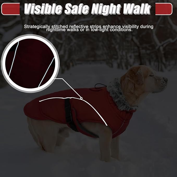 DENTRUN Winter Warm Dog Coat Reflective Jacket with Turtleneck for Cold Weather, Adjustable Buckle Windproof Water Repellent, Thick Snowsuit Fleece Vest for Small, Medium, Large Dogs, Red, XL