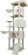 84.6 Inch Tall Cat Tree Tower with Large Base - 3 Condos, 11 Sisal Posts, 2 Hammocks & Interactive Toys, Multi-Level Cat Furniture for Multiple Cats, Durable Cat Climber (Beige, 84.6in)
