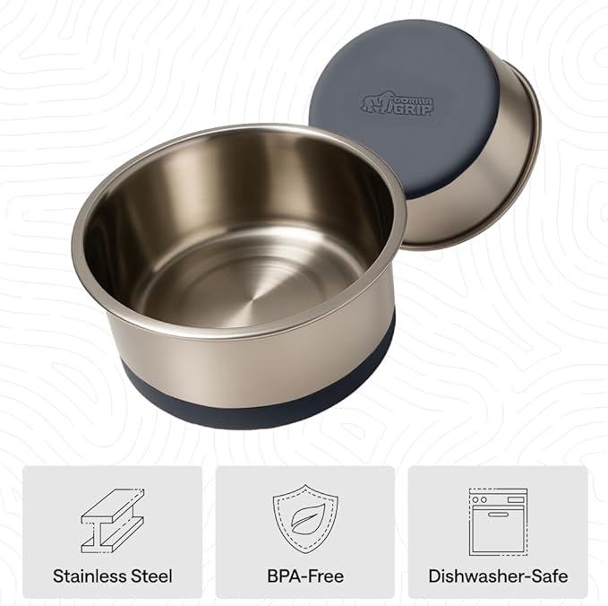 GORILLA GRIP Dog Bowls, Food Grade 304 Stainless Steel, Holds 8 Cups Each (64 fl oz) Food and Water Bowl for Feeding Dogs and Cats, Dishwasher Safe, Rust Resistant, BPA Free Rubber Base Set of 2 Gray