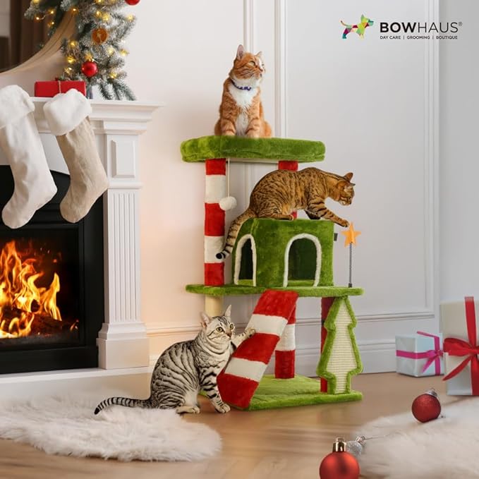 Christmas Cat Tree, Multi-Level Holiday Activity Cat Tree Tower with Scratching Post, Cozy Hammock, Fluffy Play Ball & Cave Condo, Indoor Christmas Decoration for Kitties, Gifts for Cat Owners