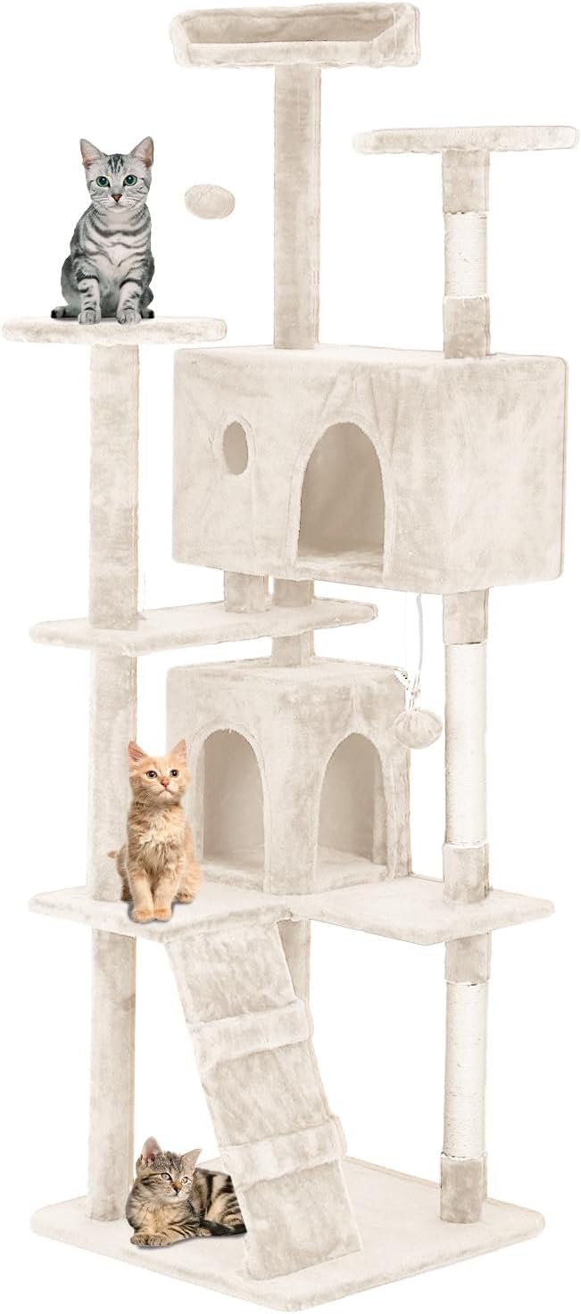 70in Cat Tree for Indoor Cats, Cat Tower with Cat Scratching Post, Multi-Level Cat Furniture, Cat Tower with Funny Toys for Kittens-Beige