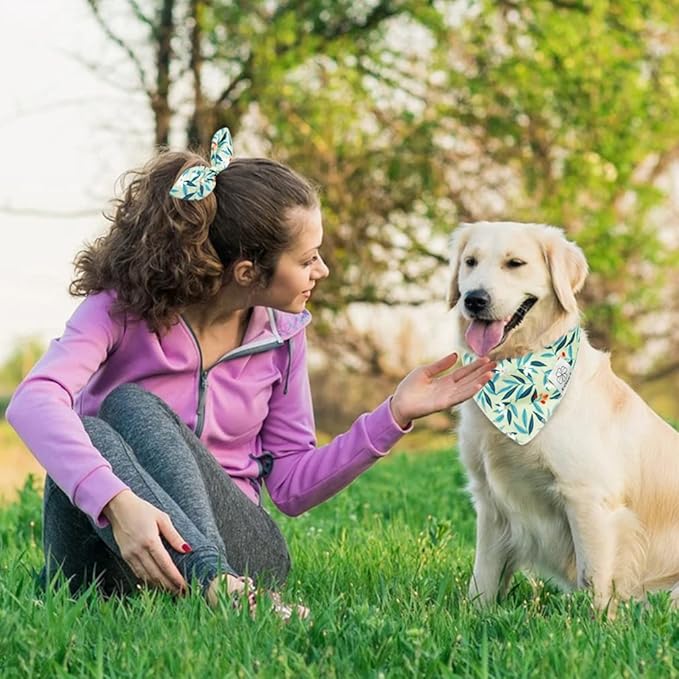 E-Clover Dog Bandanas & Matching Scrunchie Set Girl Dog Bandana Scarf Washable Kerchief Bibs for Medium Large Dogs Pet Owner Birthday Gift Green