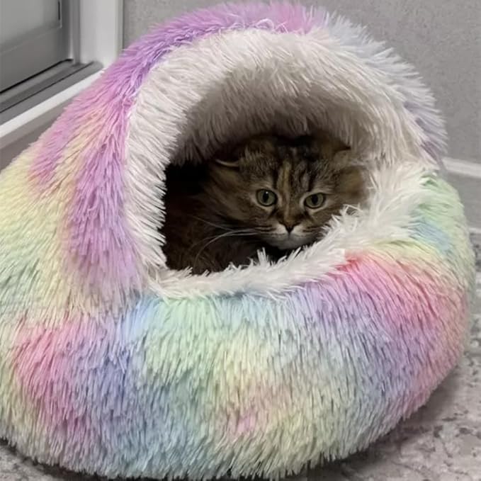 Cat Bed Round Fluffy Hooded Cat Bed Cave, Anti-Anxiety Cave Bed with Hooded Blanket, Cozy Cuddler Luxury Puppy Pet Bed, Anti-Slip Bottom and Machine Washable (Rainbow, Medium)