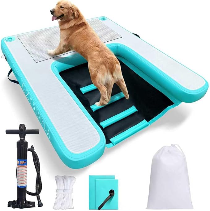 Inflatable Large Dog Water Ramp Float Floating Ramp-Swimming Pets Up to 200 Pounds Large Dogs-Inflatable Stairs for Boats, Docks, with Pump/Rope/Repair Kit - PVC Anti-Slip Fabric