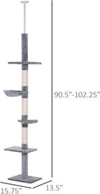 PawHut 102" Adjustable Height Floor to Ceiling Cat Tree, 5 Level Cat Tower with Scratching Posts, Hammock, Gray