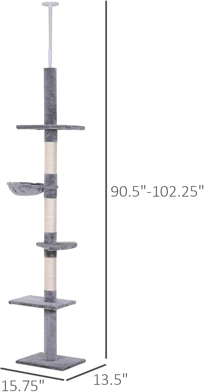 PawHut 102" Adjustable Height Floor to Ceiling Cat Tree, 5 Level Cat Tower with Scratching Posts, Hammock, Gray