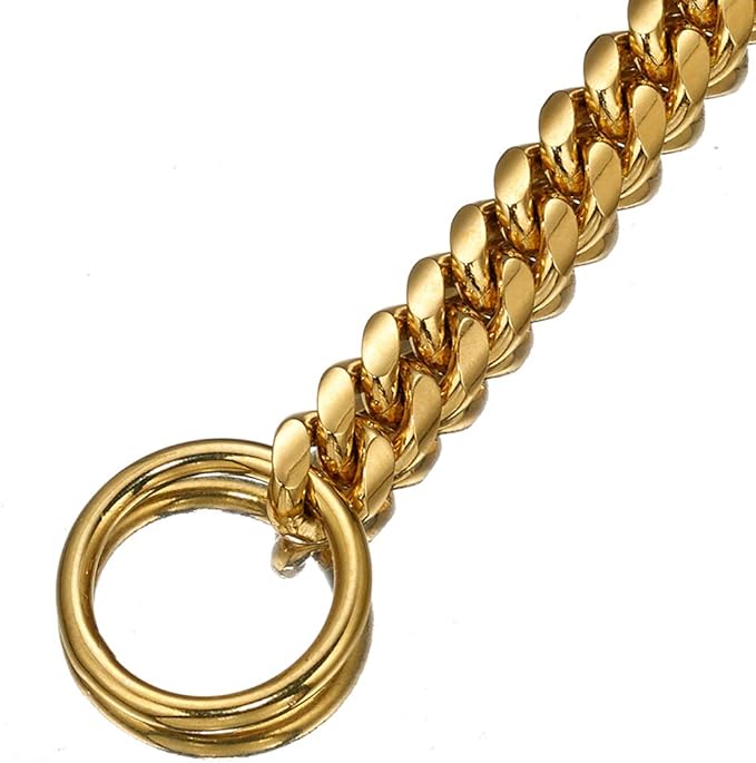 Strong 18K Gold Plated Dog Chain Collar Stainless Steel Width 10mm,12mm,15mm,18mm Cuban Link Choke Collar for Dog's Training,Daily Use (15mm,14'')