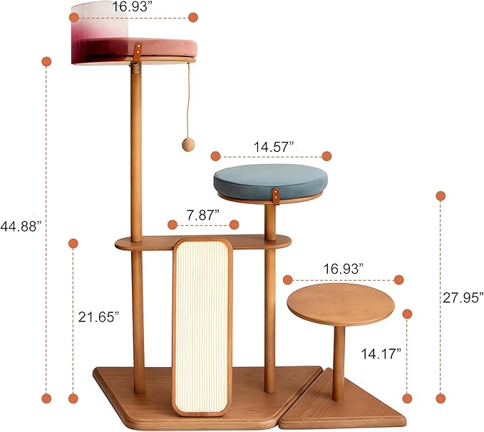 Modern Cat Tree for Living Room - Oak Veneer Cat Tower with Acrylic Pod, Solid Rubberwood, Scratch-Resistant Chenille & Sisal, Modern Cat Furniture for Indoor Cats