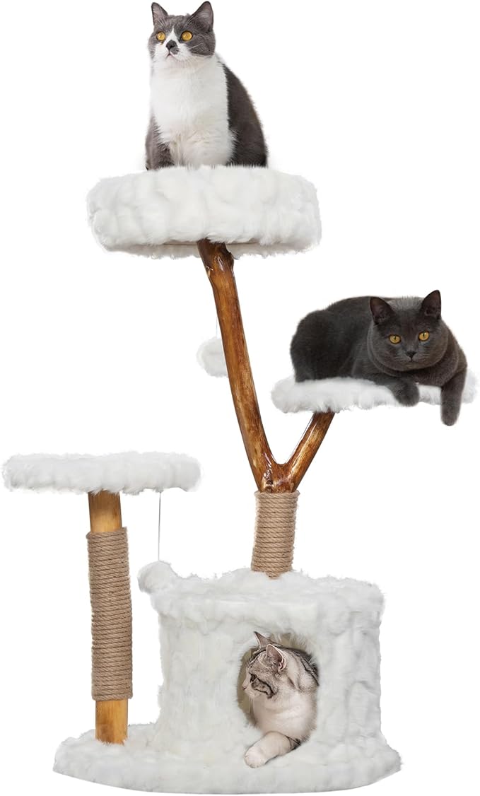 COZIWOW Modern Cat Tree Tower, Cloud Cat Tree with Solid Natural Wood Scratching Post, Luxury Condo & Perches, Aesthetic White Cat Furniture for Indoor Large Cats, 34" L X 17.7" W X 41.7" H