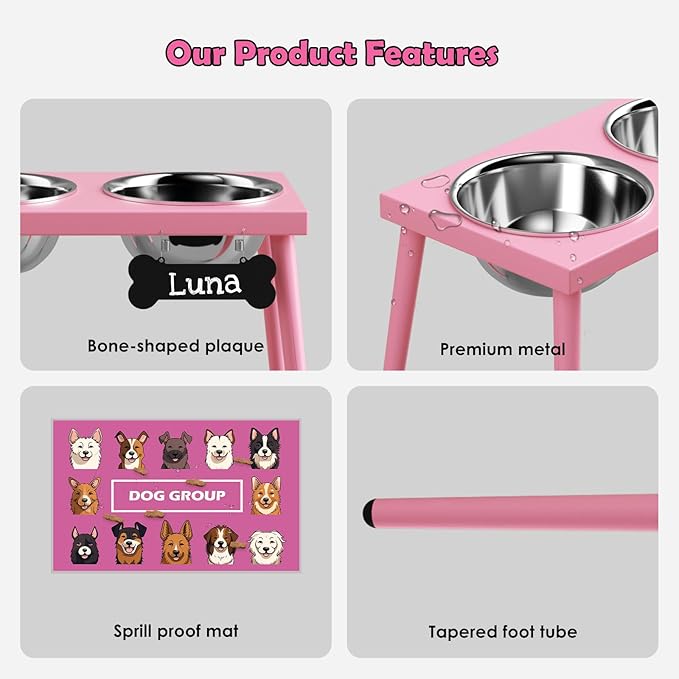 Adjustable Elevated Dog Bowl Stand with Slow Feeder, 2 x 58oz Stainless Steel Bowls, Raised Food and Water Holder for Medium and Large Dogs, Pink
