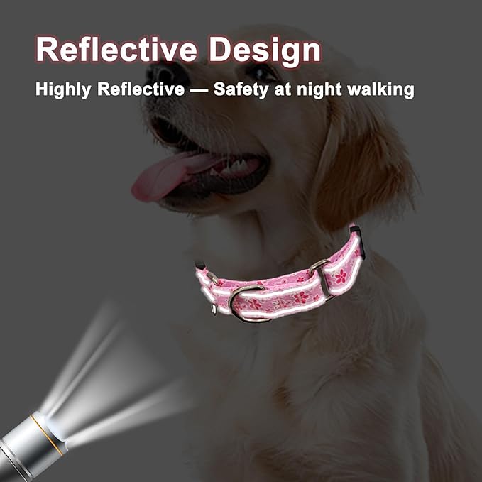 Reflective Martingale Collar for Dogs with Quick Release Buckle Cute Girl Female Flower Dog Collars (Pink Floral, Medium)